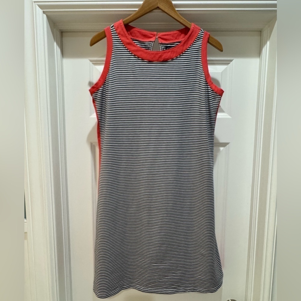 Duffield Lane Claire Shift Dress Navy White Stripe Coral Sz M Cotton EUC
